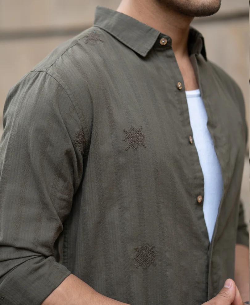 Olive Structure Embroidered Shirt 100% Cotton - Image 4