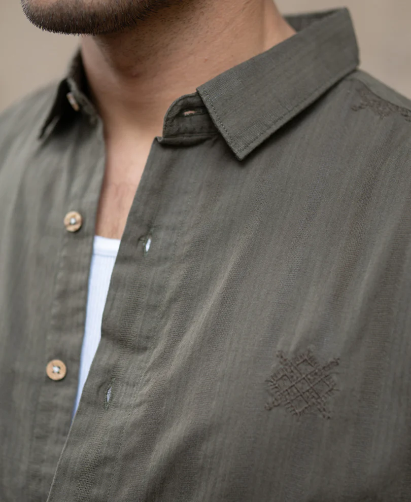 Olive Structure Embroidered Shirt 100% Cotton - Image 5