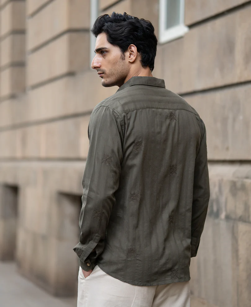 Olive Structure Embroidered Shirt 100% Cotton - Image 6