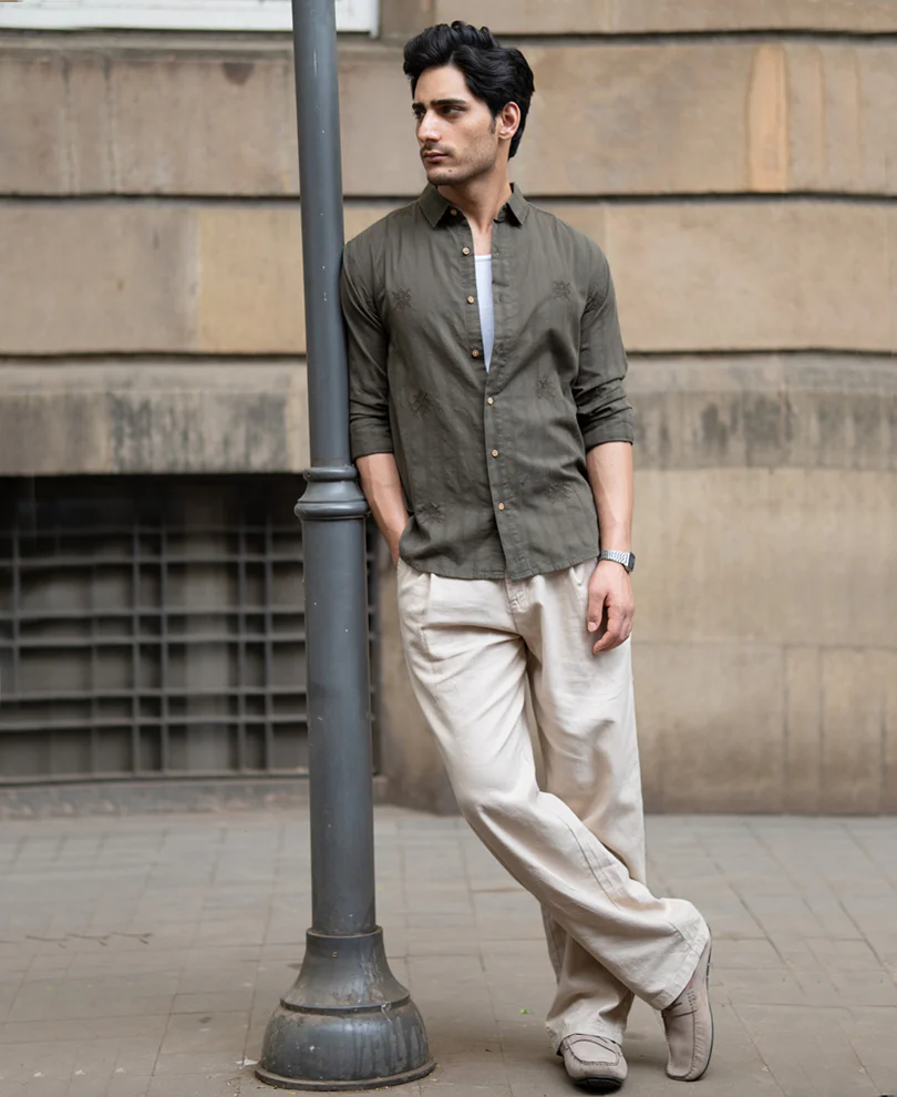 Olive Structure Embroidered Shirt 100% Cotton - Image 7