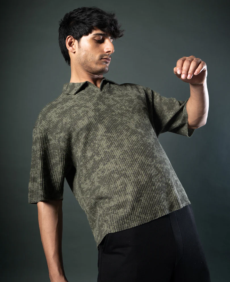 Olive Structure Print Boxy T-Shirt - Image 3