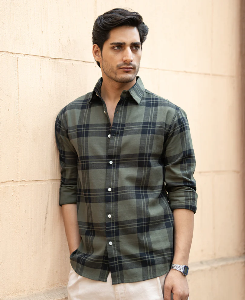 Olive Structured Checks Shirt 100% Cotton - Image 2