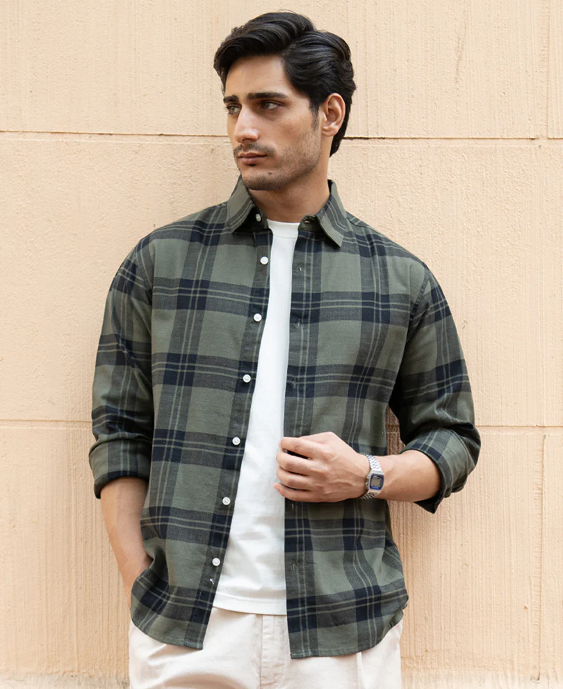 Olive Structured Checks Shirt 100% Cotton - Image 3