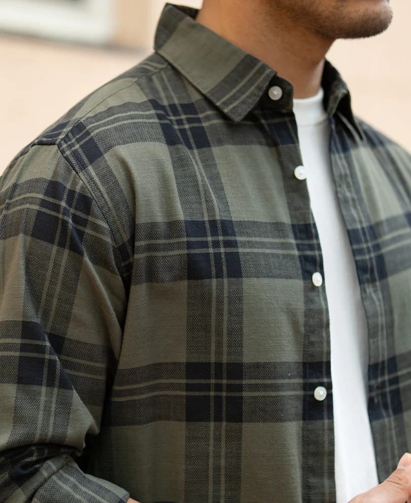 Olive Structured Checks Shirt 100% Cotton - Image 4
