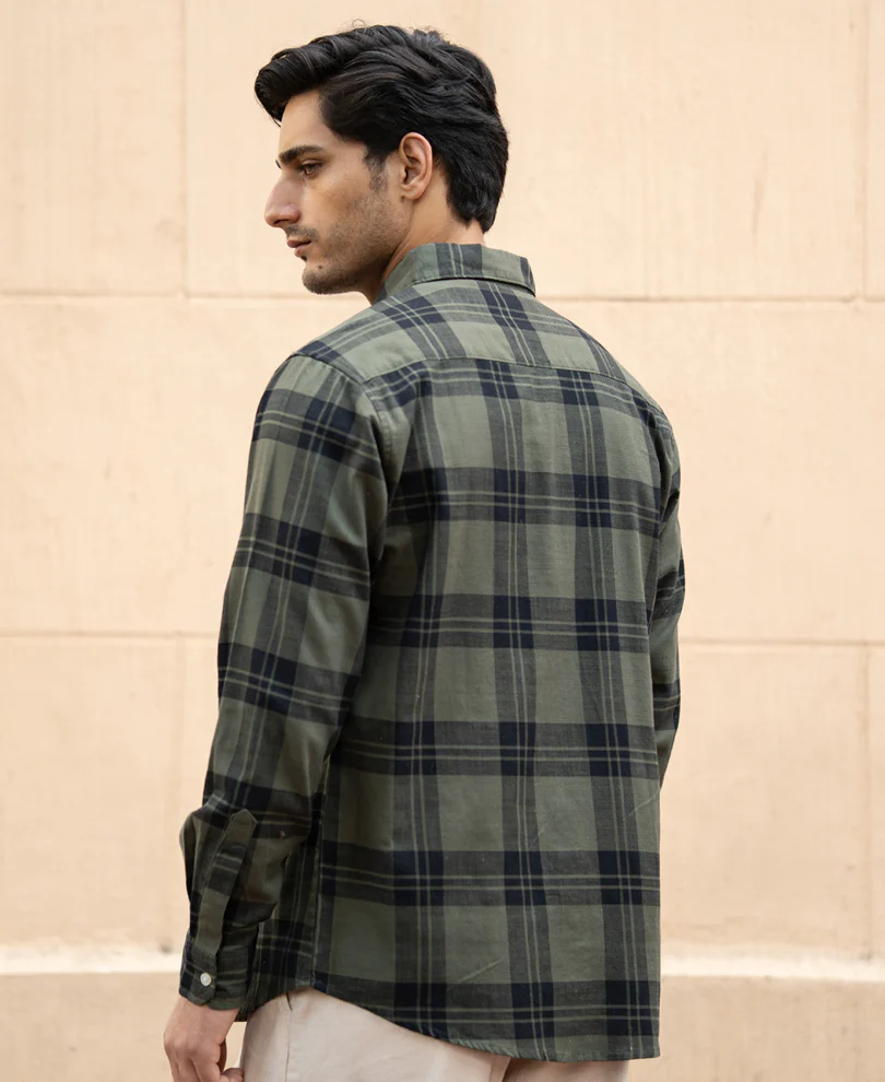 Olive Structured Checks Shirt 100% Cotton - Image 6