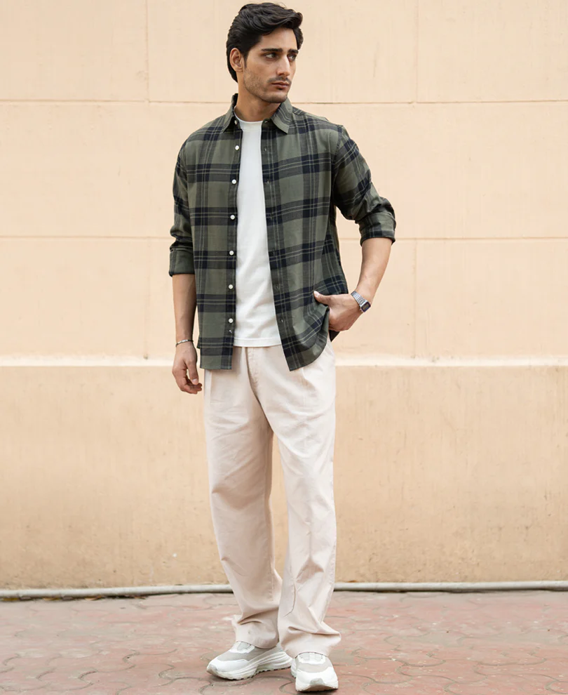 Olive Structured Checks Shirt 100% Cotton - Image 7
