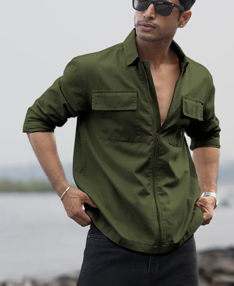 Olive Structured Zipper Overshirt 100% Cotton - Image 3