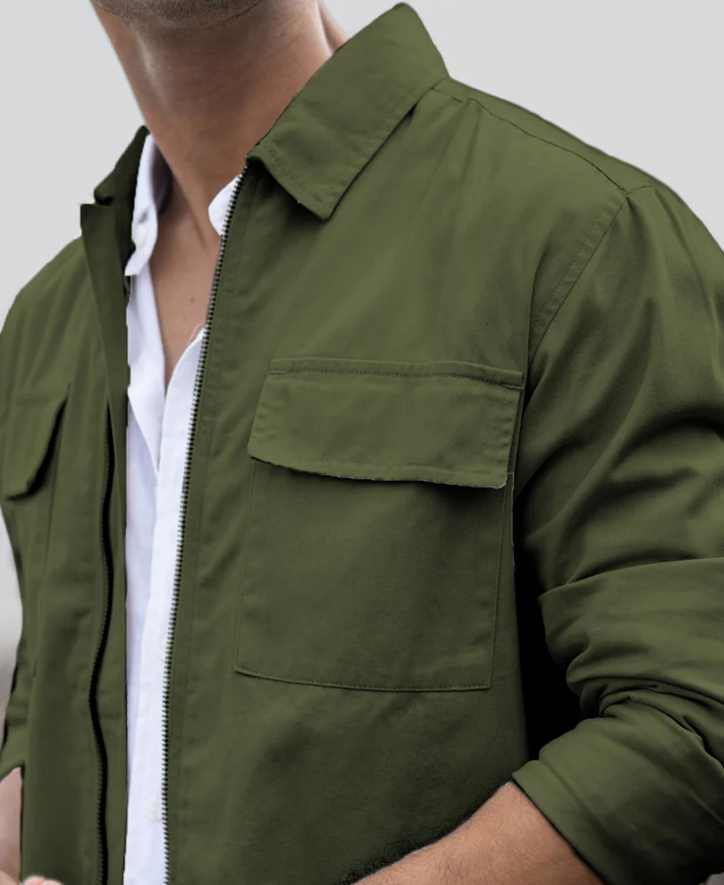 Olive Structured Zipper Overshirt 100% Cotton - Image 4