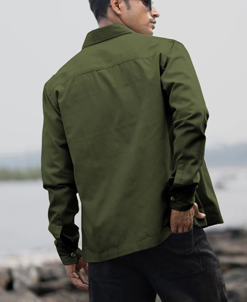 Olive Structured Zipper Overshirt 100% Cotton - Image 5