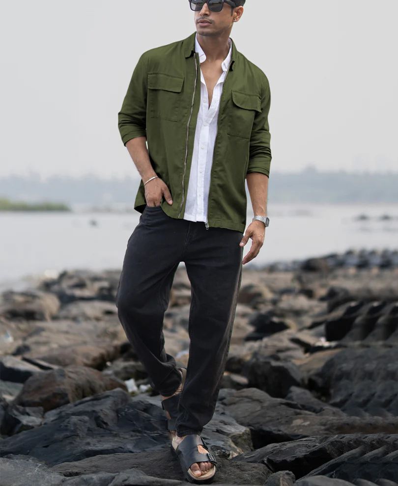 Olive Structured Zipper Overshirt 100% Cotton - Image 6