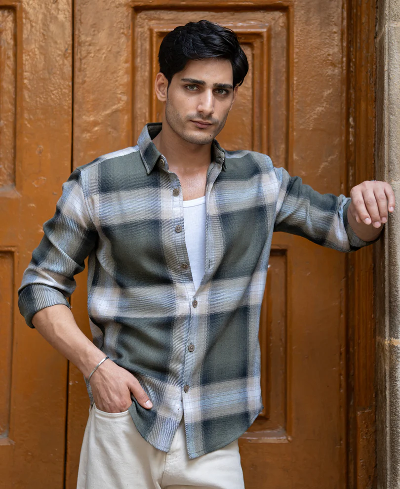 Olive Twill Checks Shirt - Image 3