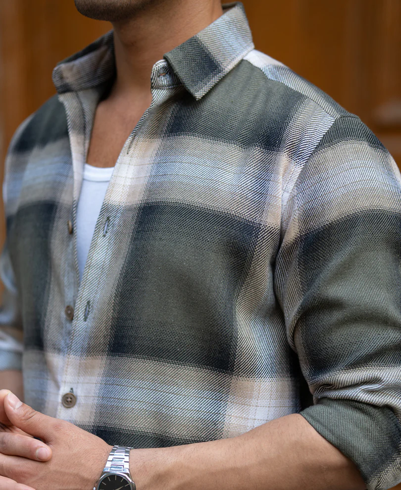 Olive Twill Checks Shirt - Image 5