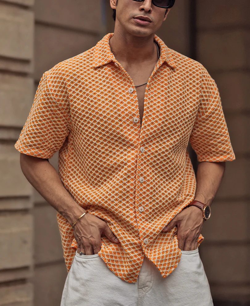 Orange and White Crochet Knit Oversized Shirt 100% Cotton - Image 2