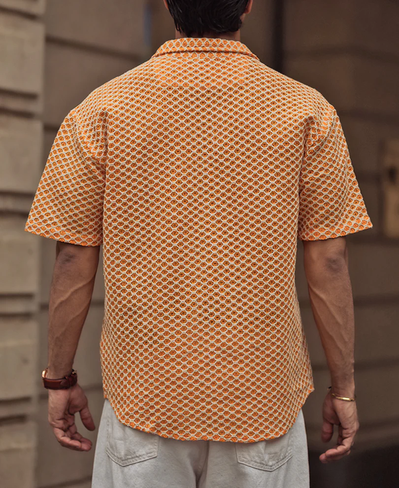 Orange and White Crochet Knit Oversized Shirt 100% Cotton - Image 3