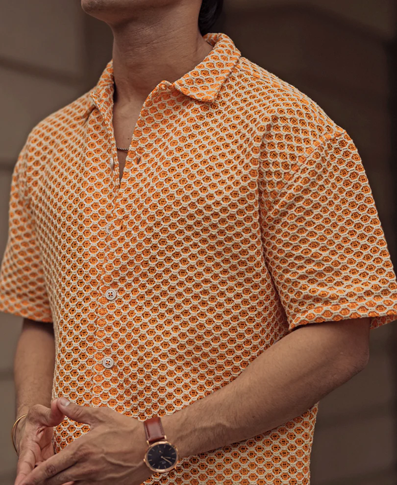 Orange and White Crochet Knit Oversized Shirt 100% Cotton - Image 4