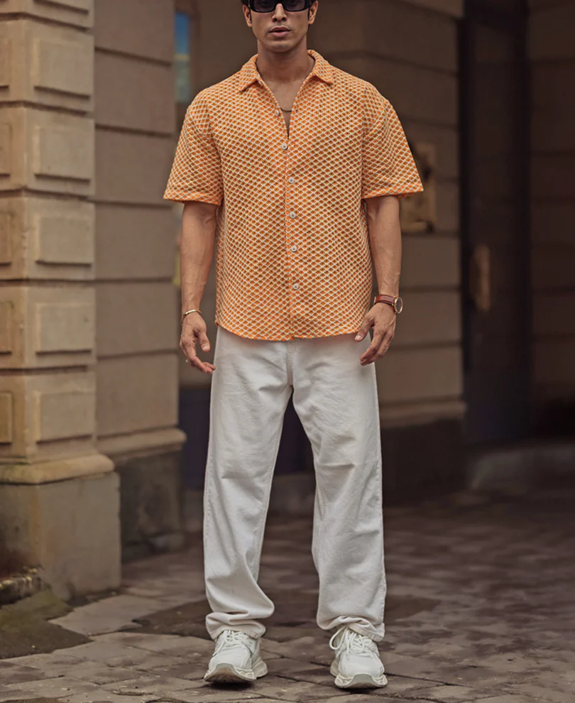 Orange and White Crochet Knit Oversized Shirt 100% Cotton - Image 5