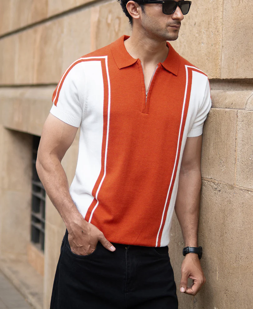 Orange Colour Blocked Polo T-Shirt 100% Cotton - Image 2