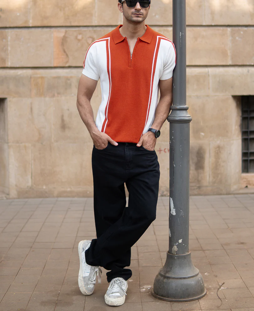 Orange Colour Blocked Polo T-Shirt 100% Cotton - Image 6