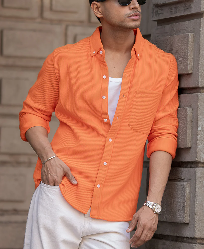 Orange Corduroy Regular Fit Full Sleeves Shirt - Image 2