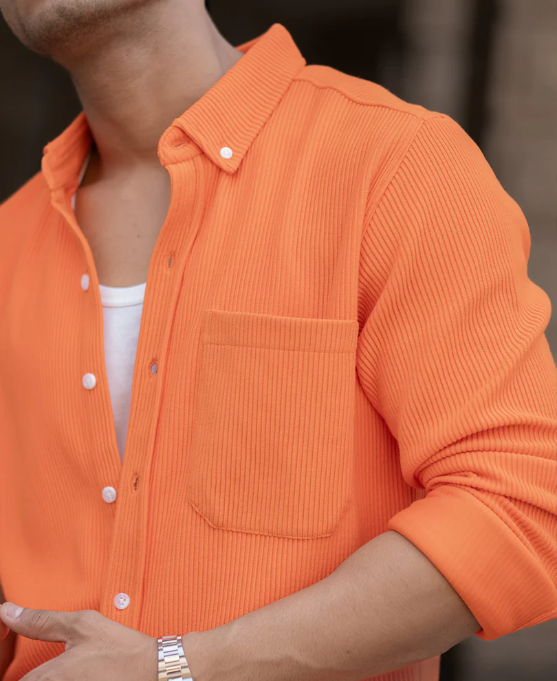 Orange Corduroy Regular Fit Full Sleeves Shirt - Image 4