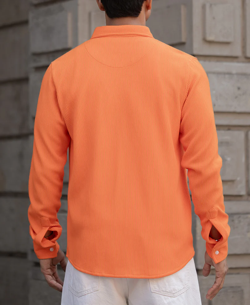 Orange Corduroy Regular Fit Full Sleeves Shirt - Image 5