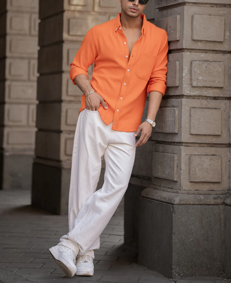 Orange Corduroy Regular Fit Full Sleeves Shirt - Image 6