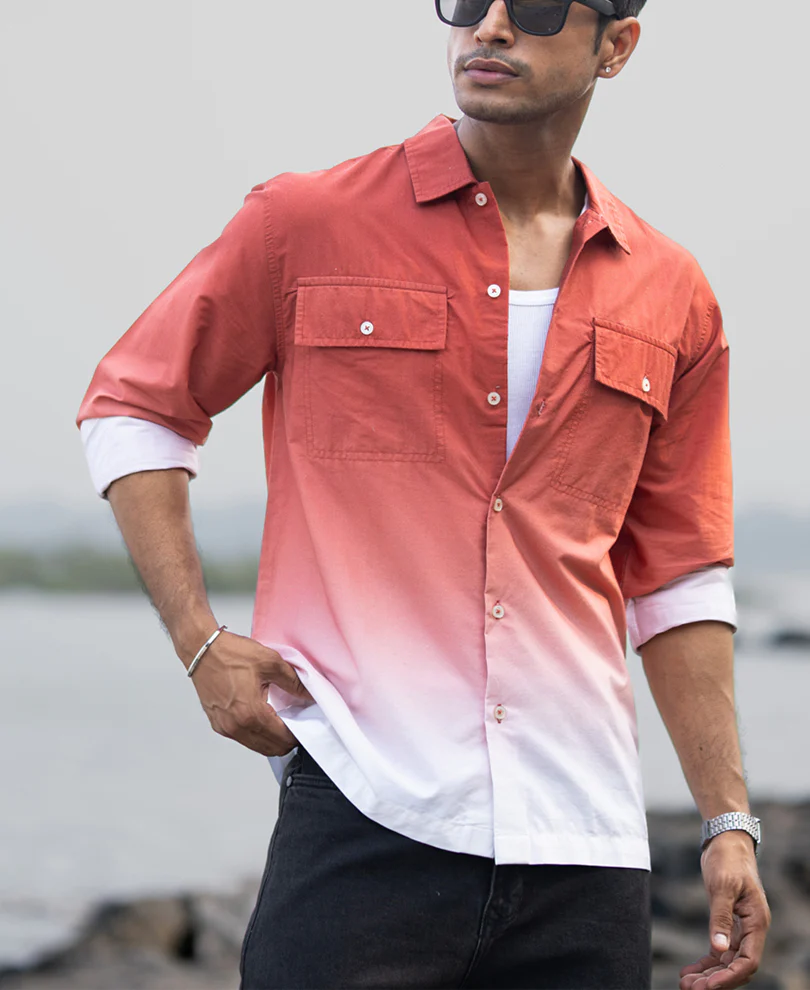 Orange Rust Ombre Pocket Shirt 100% Cotton - Image 2