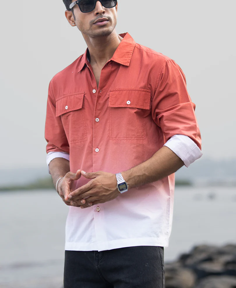 Orange Rust Ombre Pocket Shirt 100% Cotton - Image 3