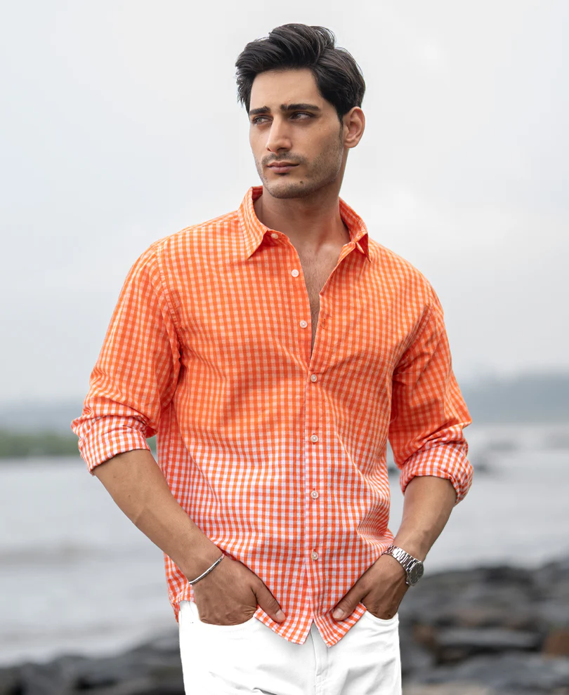 Orange Spray Checks Shirt 100% Cotton - Image 2