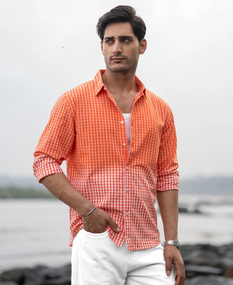 Orange Spray Checks Shirt 100% Cotton - Image 3