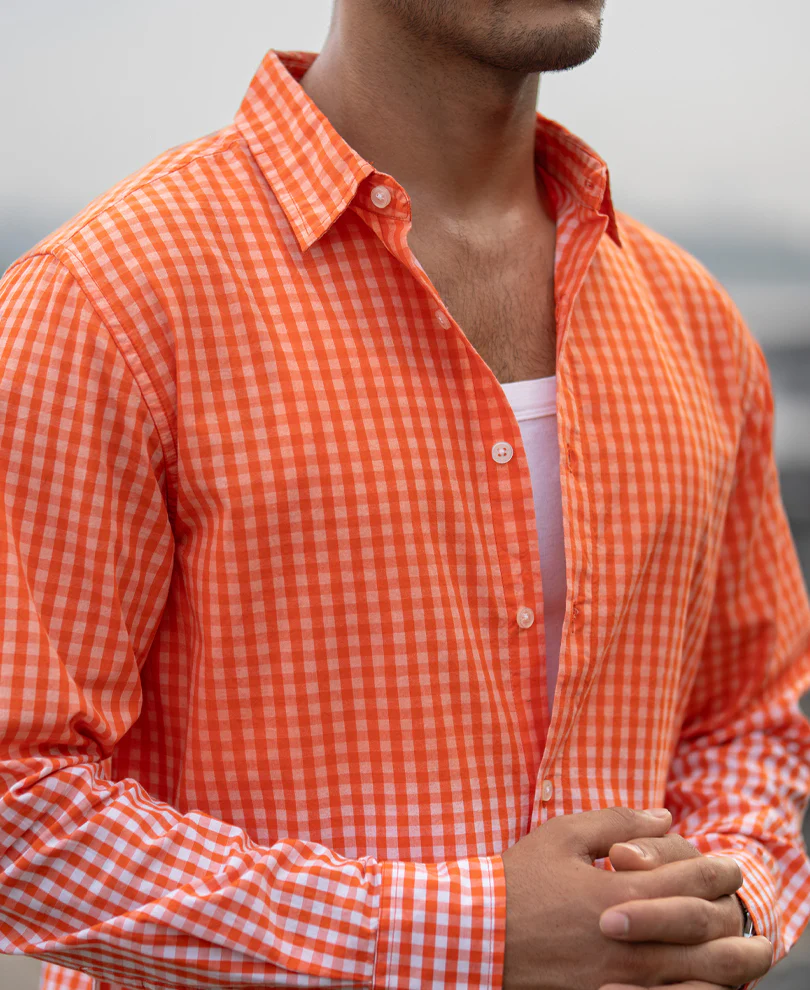 Orange Spray Checks Shirt 100% Cotton - Image 4