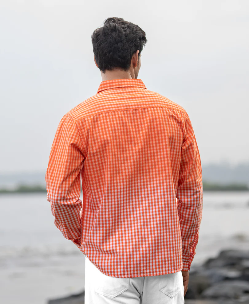 Orange Spray Checks Shirt 100% Cotton - Image 6