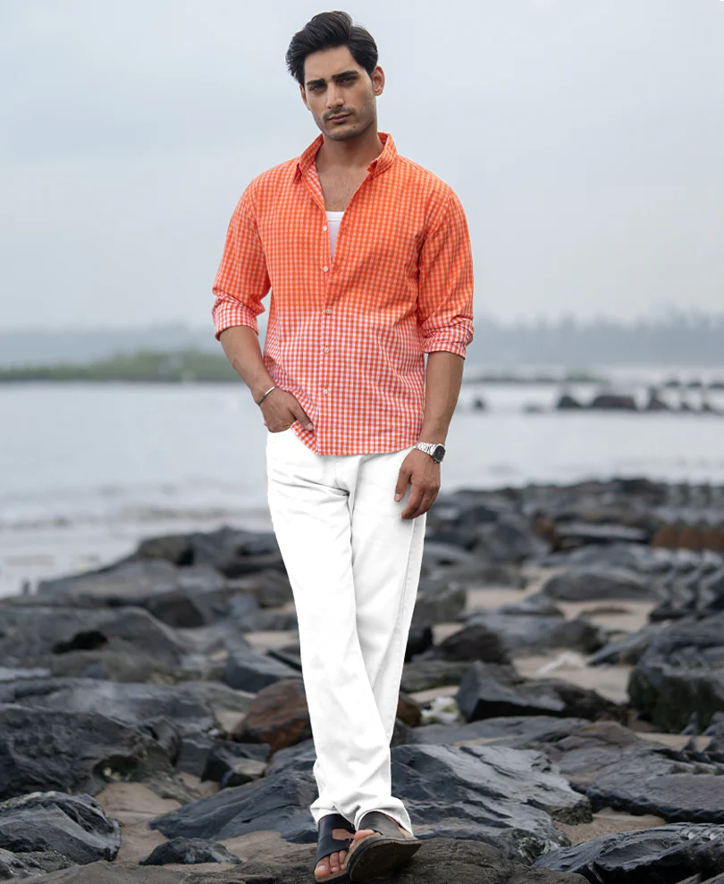 Orange Spray Checks Shirt 100% Cotton - Image 7