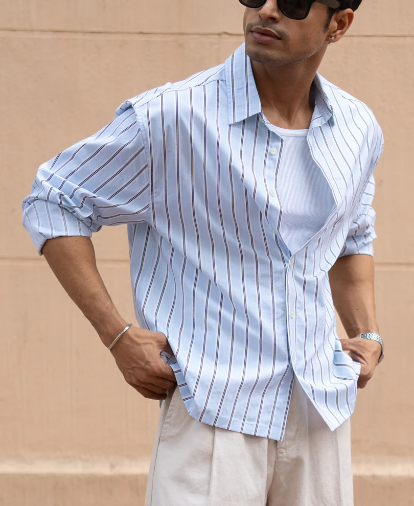Pale Blue Lightweight Stripe Shirt 100% Cotton - Image 2
