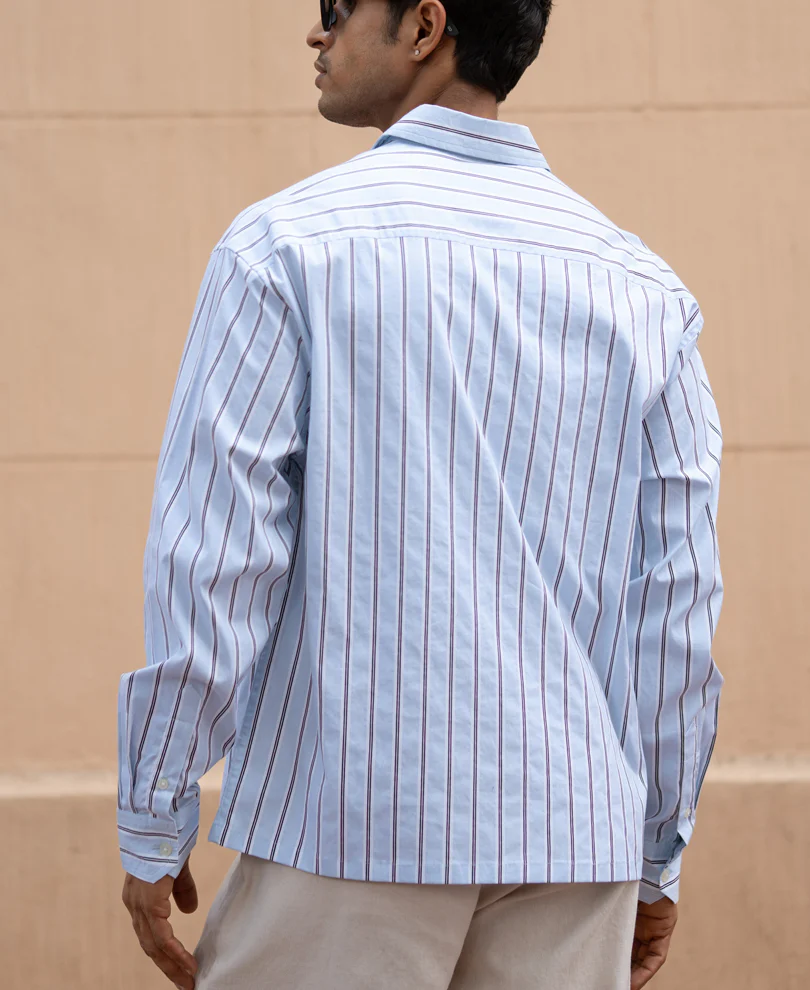 Pale Blue Lightweight Stripe Shirt 100% Cotton - Image 3