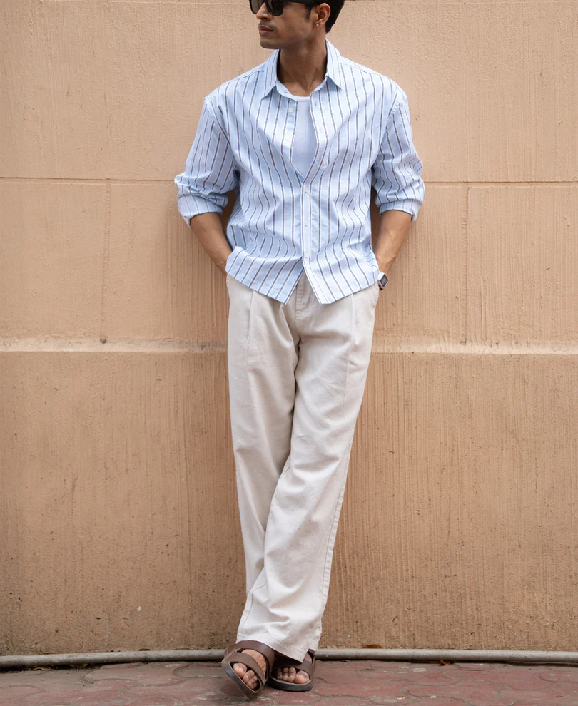 Pale Blue Lightweight Stripe Shirt 100% Cotton - Image 4