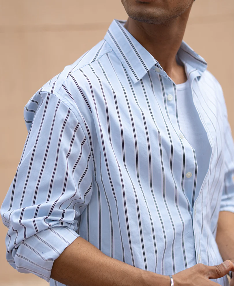 Pale Blue Lightweight Stripe Shirt 100% Cotton - Image 5