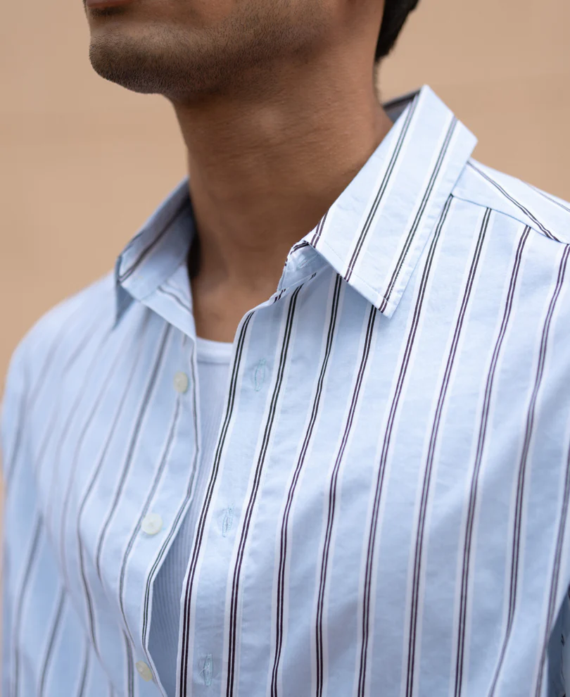 Pale Blue Lightweight Stripe Shirt 100% Cotton - Image 6