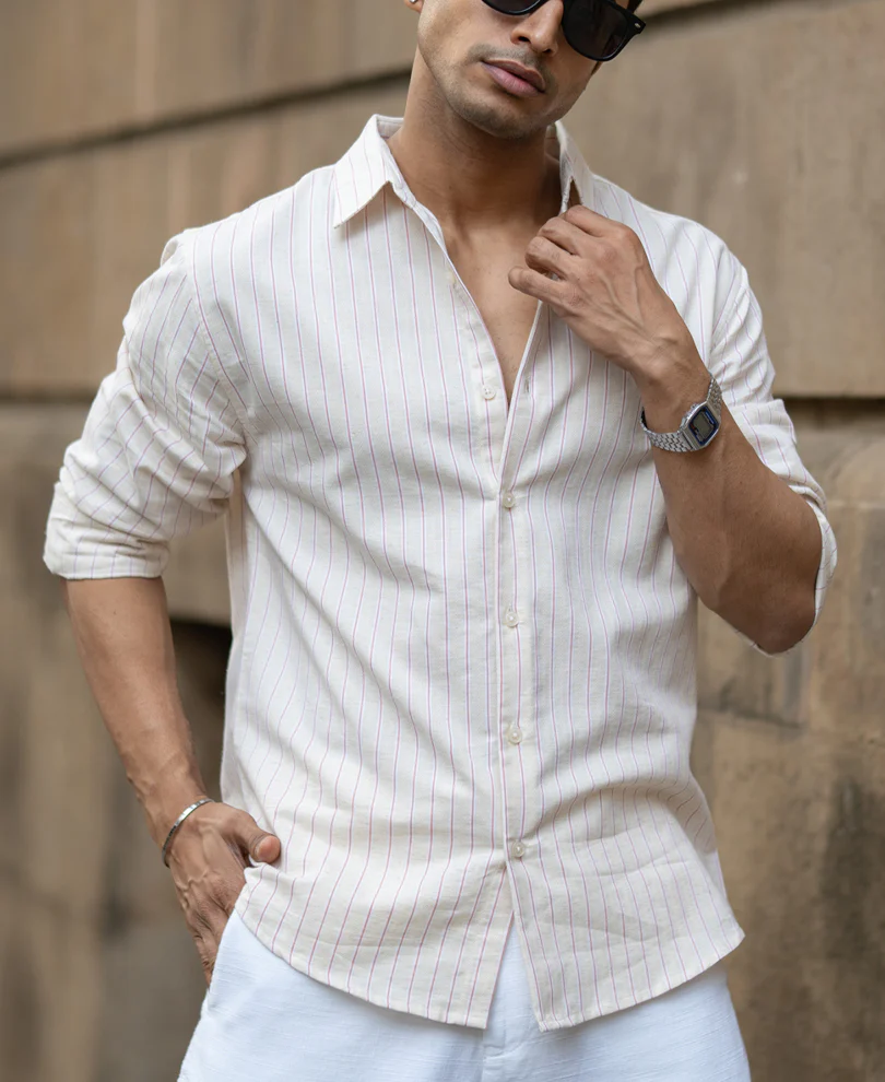 Peach & Beige Linen Stripe Shirt - Image 2