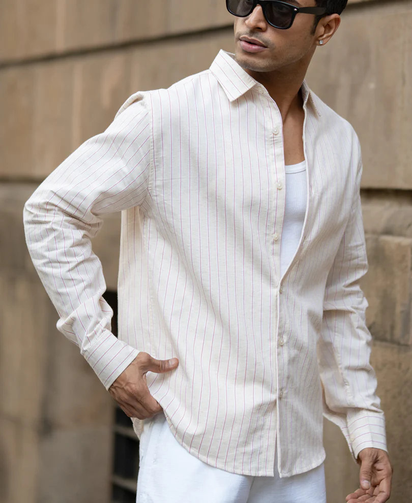 Peach & Beige Linen Stripe Shirt - Image 3