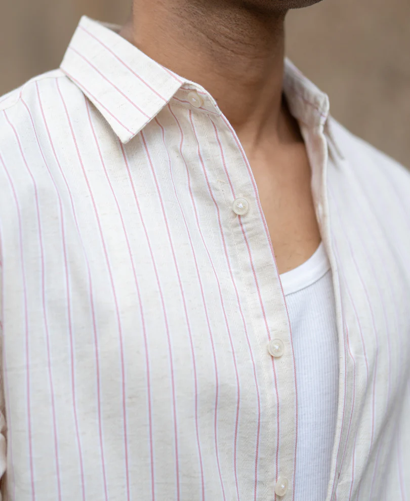 Peach & Beige Linen Stripe Shirt - Image 4