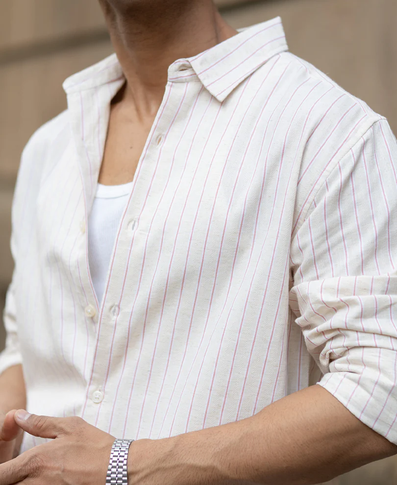 Peach & Beige Linen Stripe Shirt - Image 5