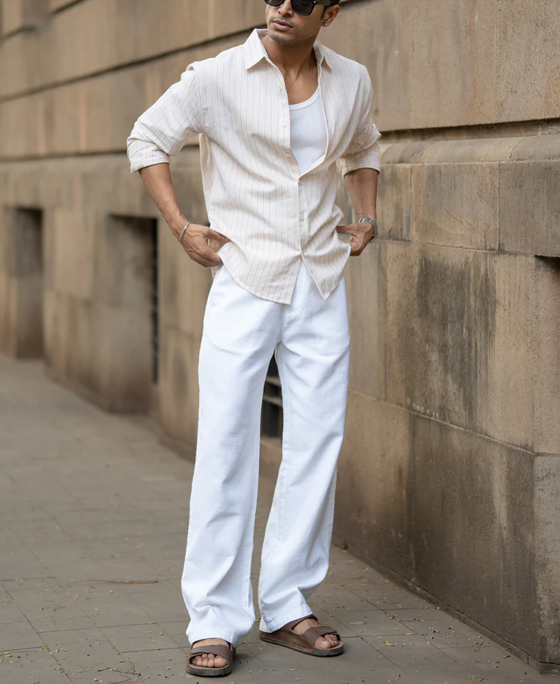 Peach & Beige Linen Stripe Shirt - Image 7