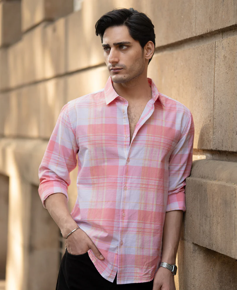 Peach Lightweight Summer Checks Shirt 100% Cotton - Image 2