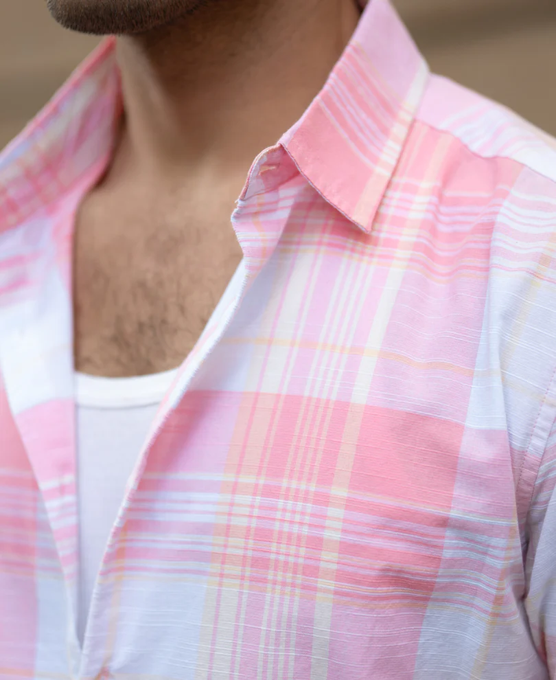 Peach Lightweight Summer Checks Shirt 100% Cotton - Image 3