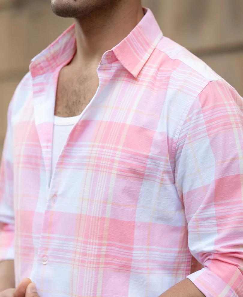 Peach Lightweight Summer Checks Shirt 100% Cotton - Image 4