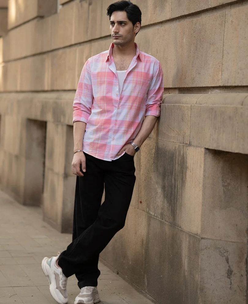 Peach Lightweight Summer Checks Shirt 100% Cotton - Image 6