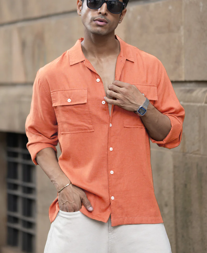 Peach Linen Double Pocket Shirt - Image 3