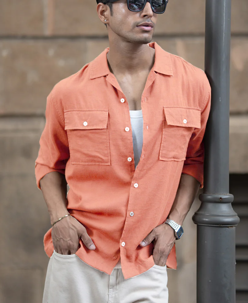 Peach Linen Double Pocket Shirt - Image 4