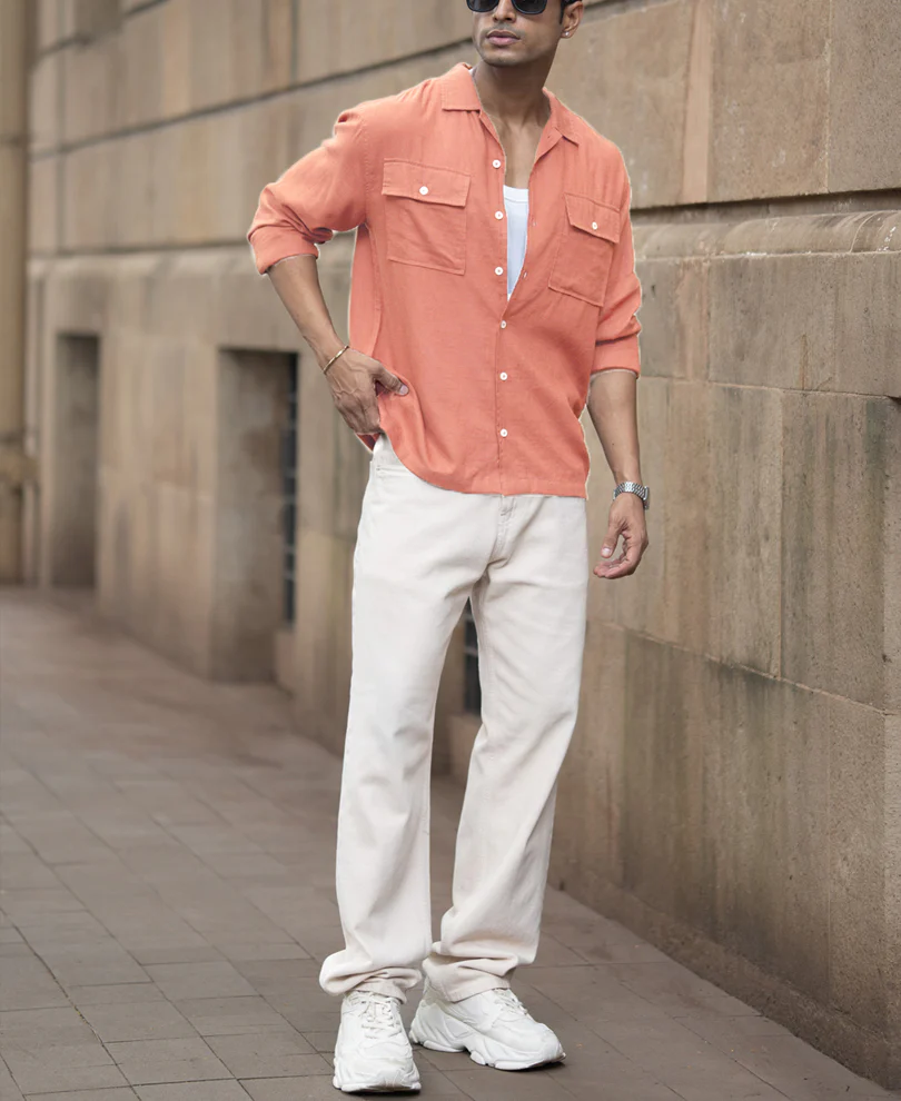 Peach Linen Double Pocket Shirt - Image 7